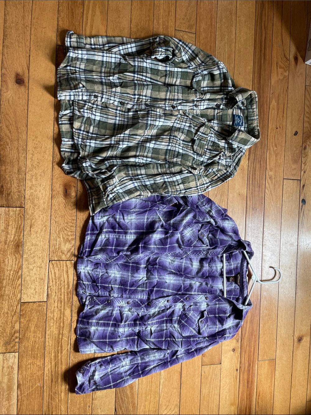 Two Plaid Shirts- Olive Green & Purple.One is Faded Glory the other Bit & Bridle